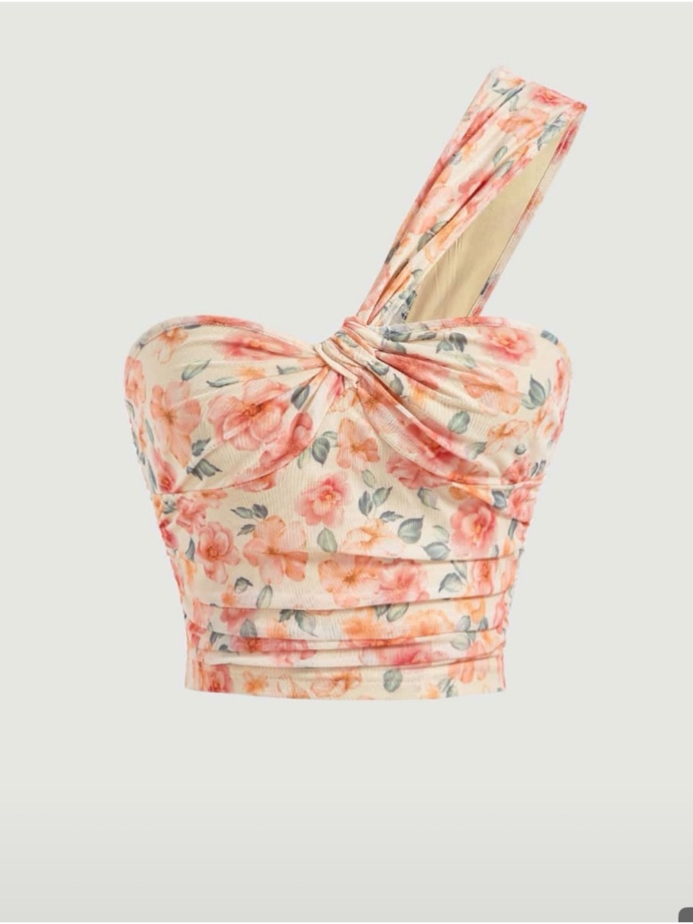 SHEIN One-Shoulder Floral Twist Crop Top in Cream and Peach
